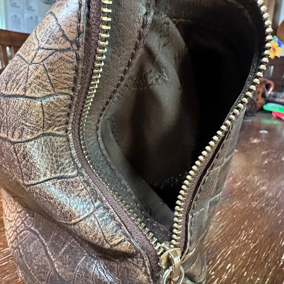 Crocodile-Embossed Brown Leather Conceal Carry Handbag By Hidesign Double Handle - Picture 10 of 14